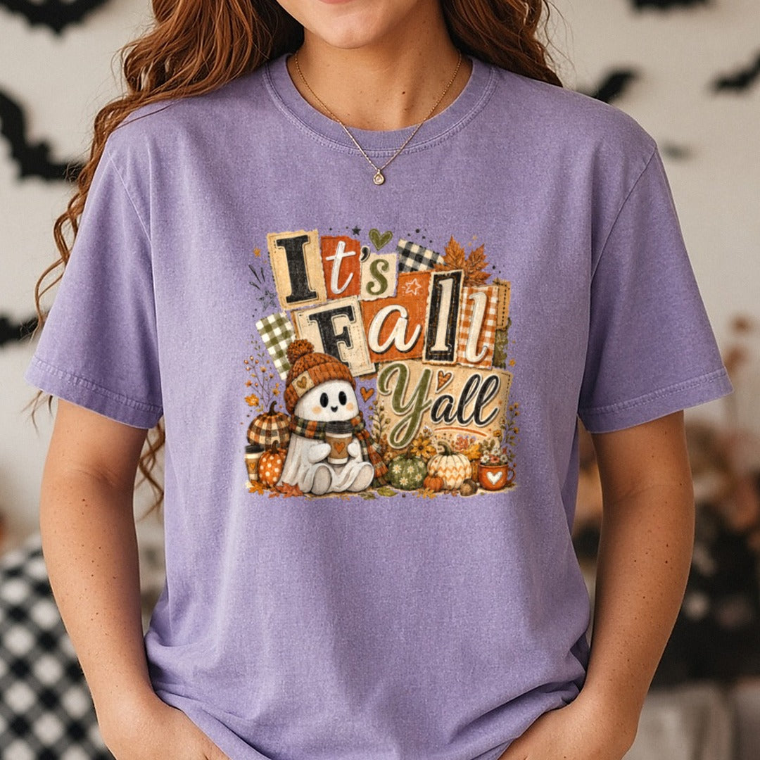 It's Fall Yall Ghost DTF transfer shown on a Comfort Colors tee