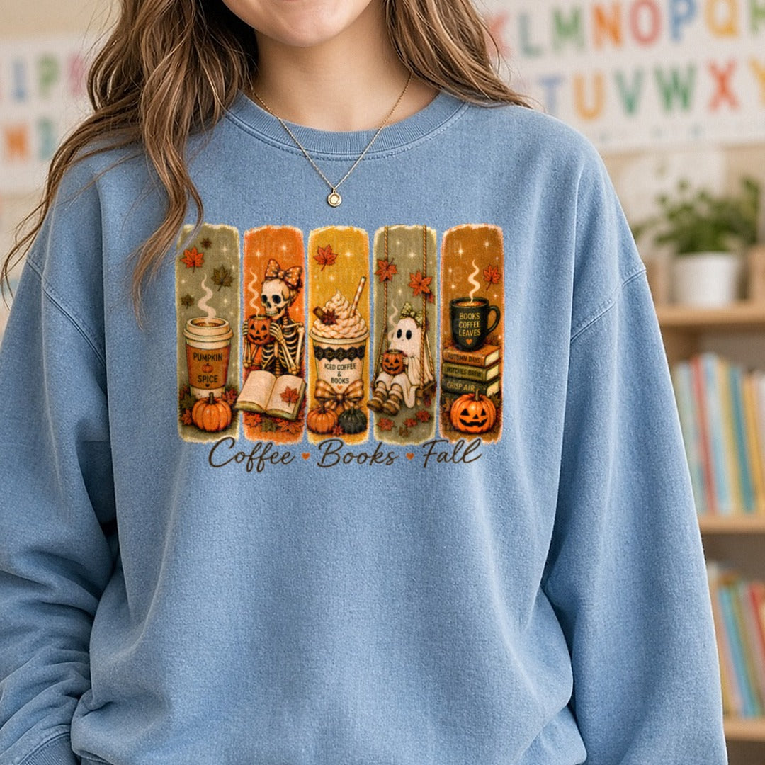 Coffee Books Fall DTF transfer shown on a Comfort Colors sweatshirt