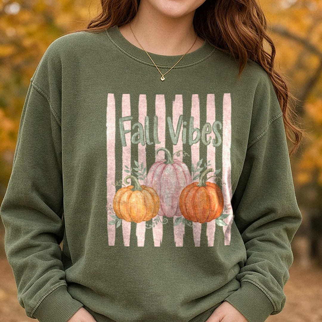 Pink Striped Fall Vibes DTF transfer shown on a Comfort Colors sweatshirt