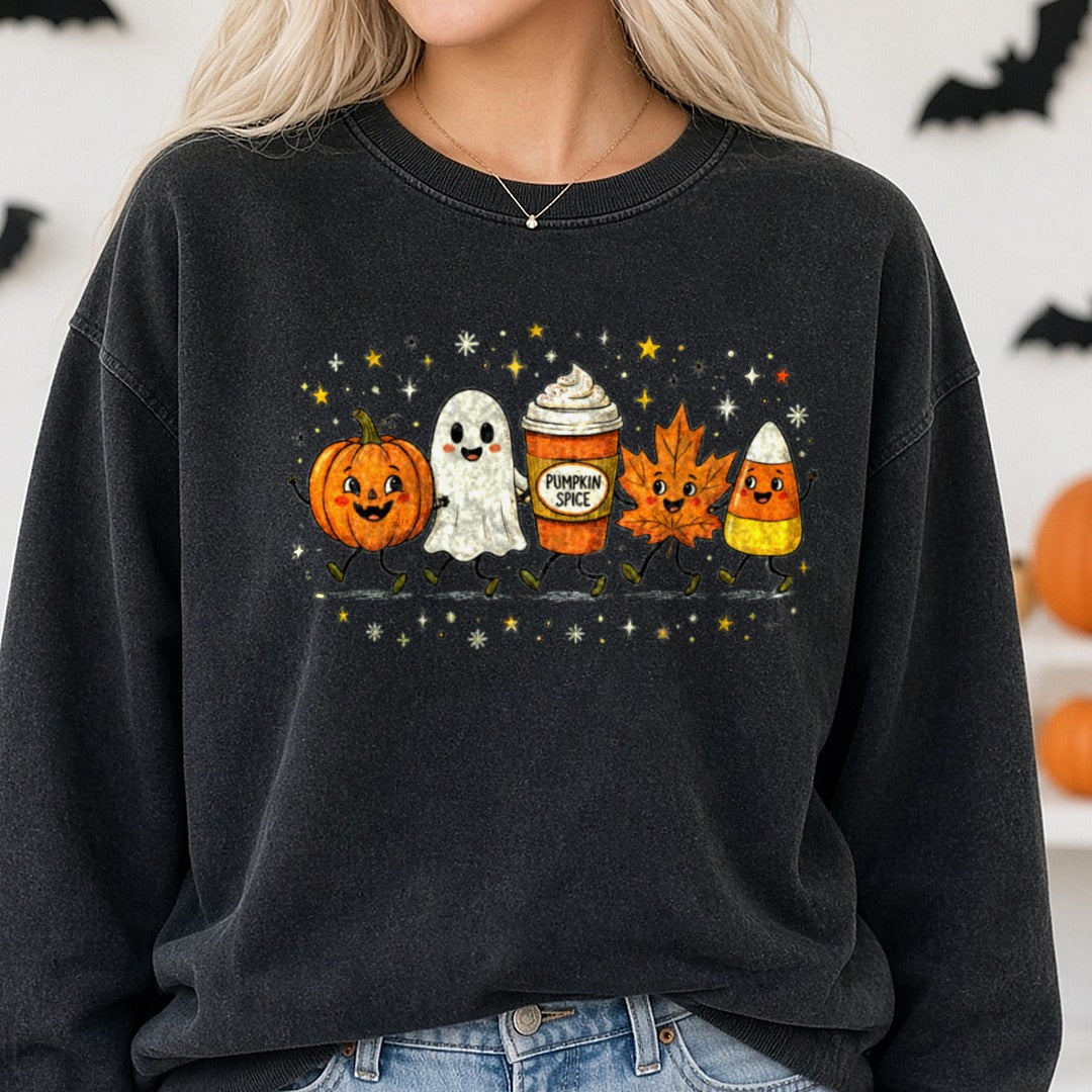 Fall Ghost Leaf Candy Cartoon DTF transfer shown on a Comfort Colors sweatshirt
