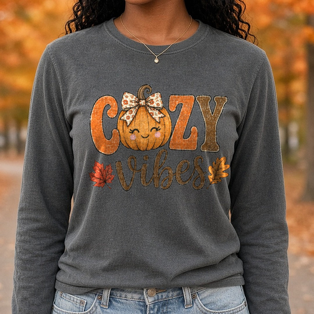 Cozy Vibes Pumpkin DTF transfer shown on a Comfort Colors long sleeve tee