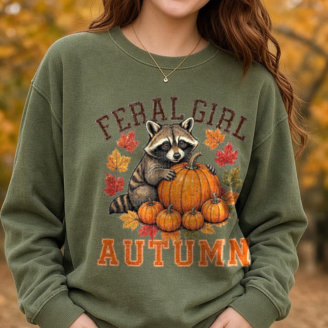 Feral Girl Autumn DTF transfer shown on a Comfort Colors sweatshirt