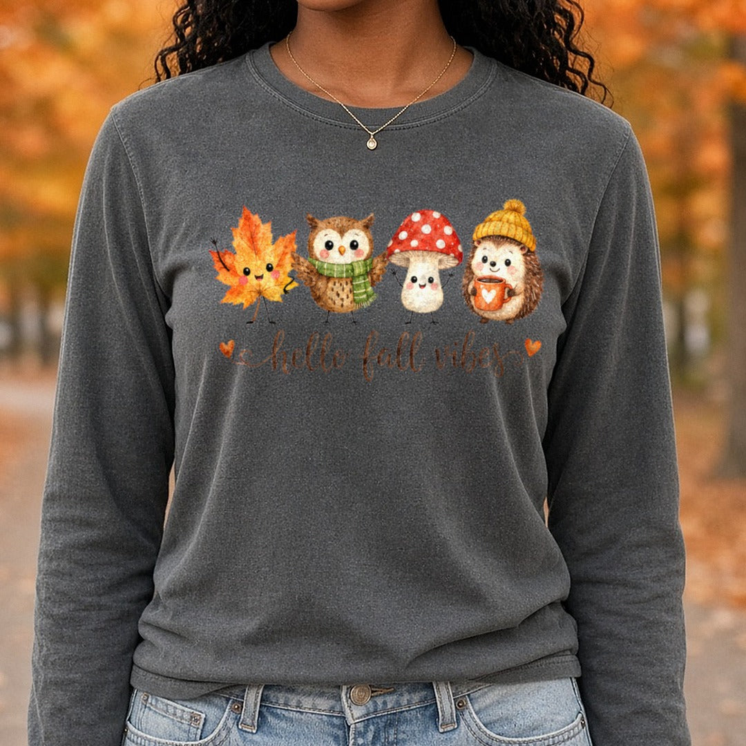 Hello Fall Vibes DTF transfer shown on a Comfort Colors long sleeve tee