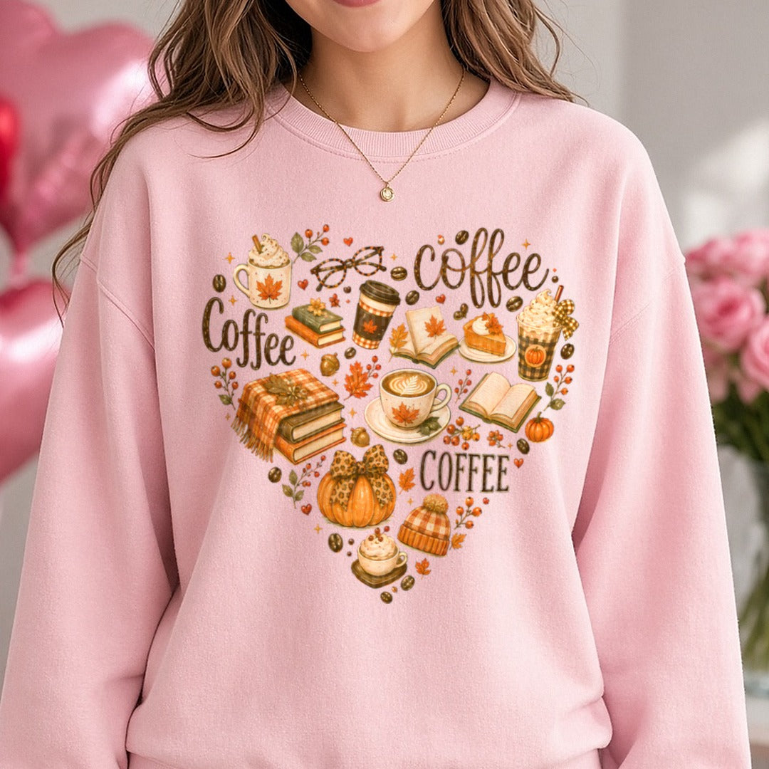 Coffee Lover Heart DTF transfer shown on a Comfort Colors sweatshirt