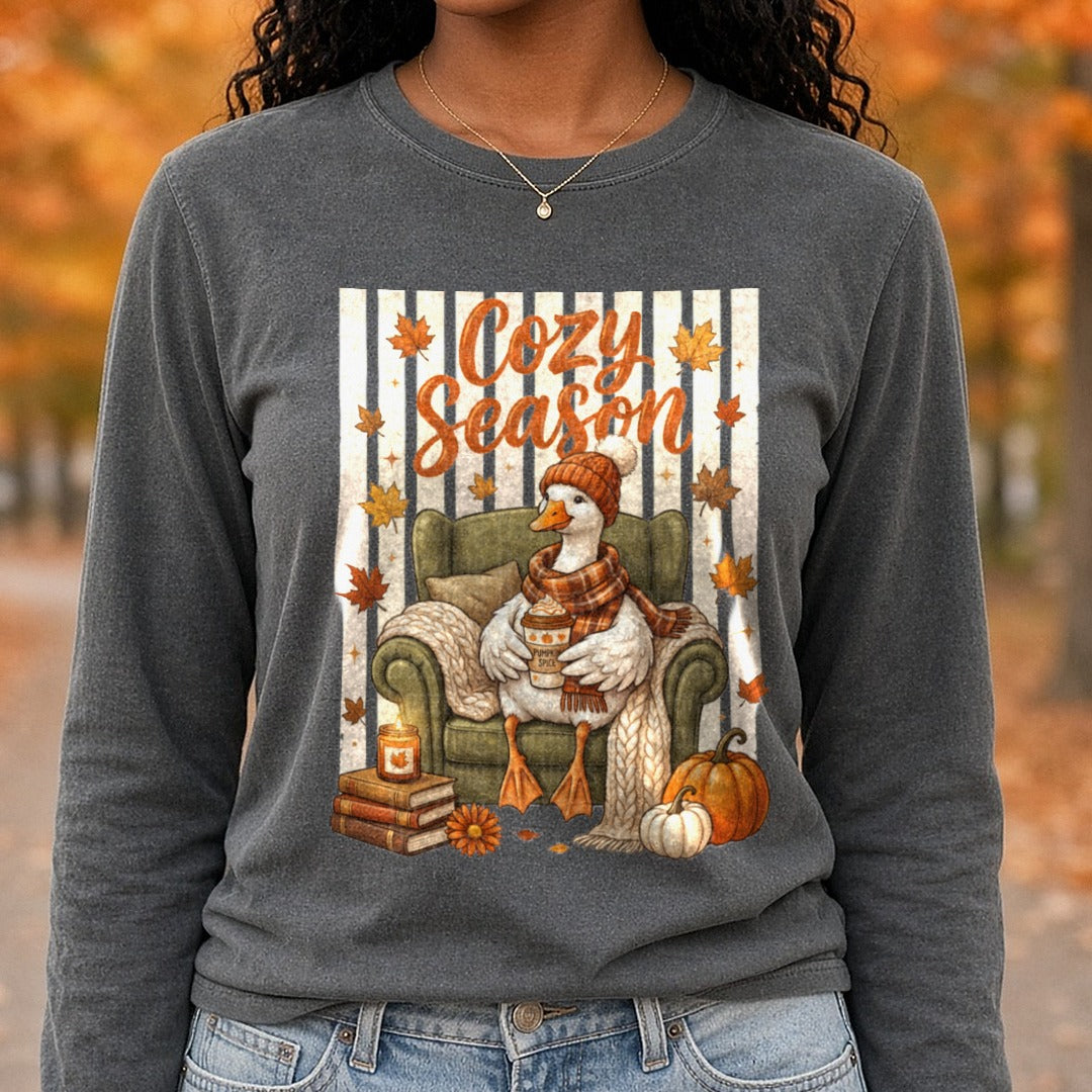 Cozy Season Goose DTF transfer shown on a Comfort Colors long sleeve tee