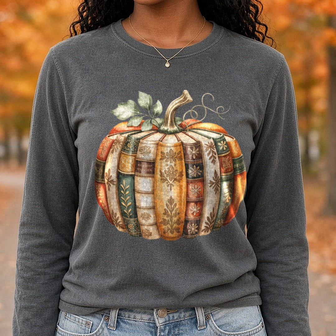 Fall Book Pumpkin DTF transfer shown on a Comfort Colors long sleeve tee