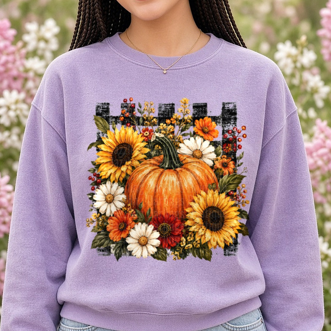 Checkered Flowers and Pumpkin DTF transfer shown on a Comfort Colors sweatshirt