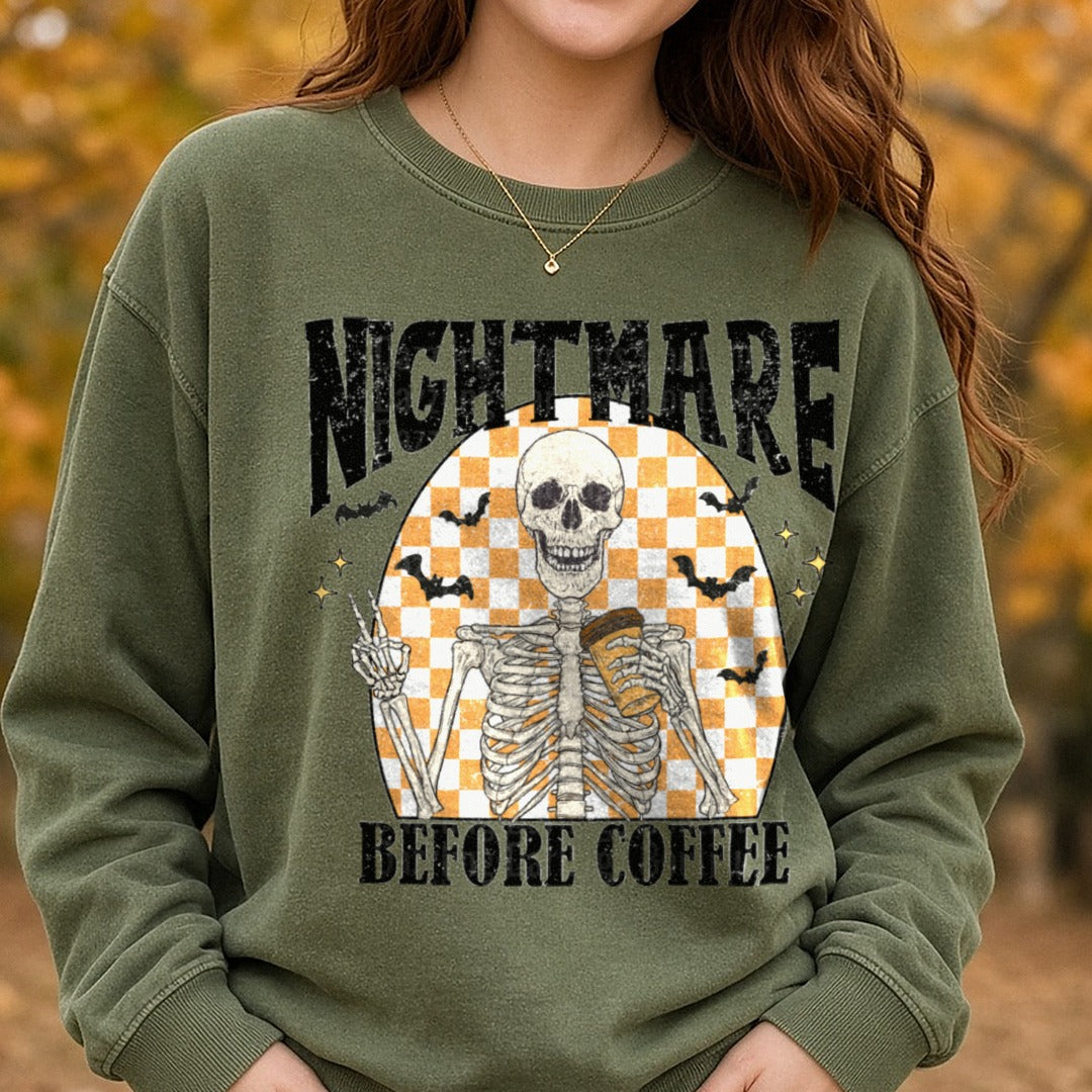 Nightmare Before Coffee DTF transfer shown on a Comfort Colors sweatshirt