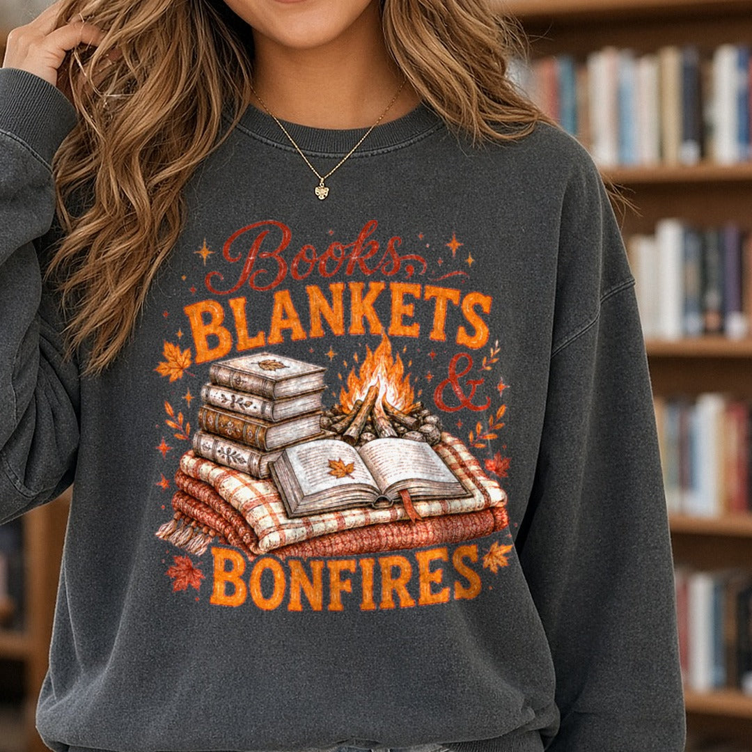 Books, Blankets, and Bonfires DTF transfer shown on a Comfort Colors sweatshirt