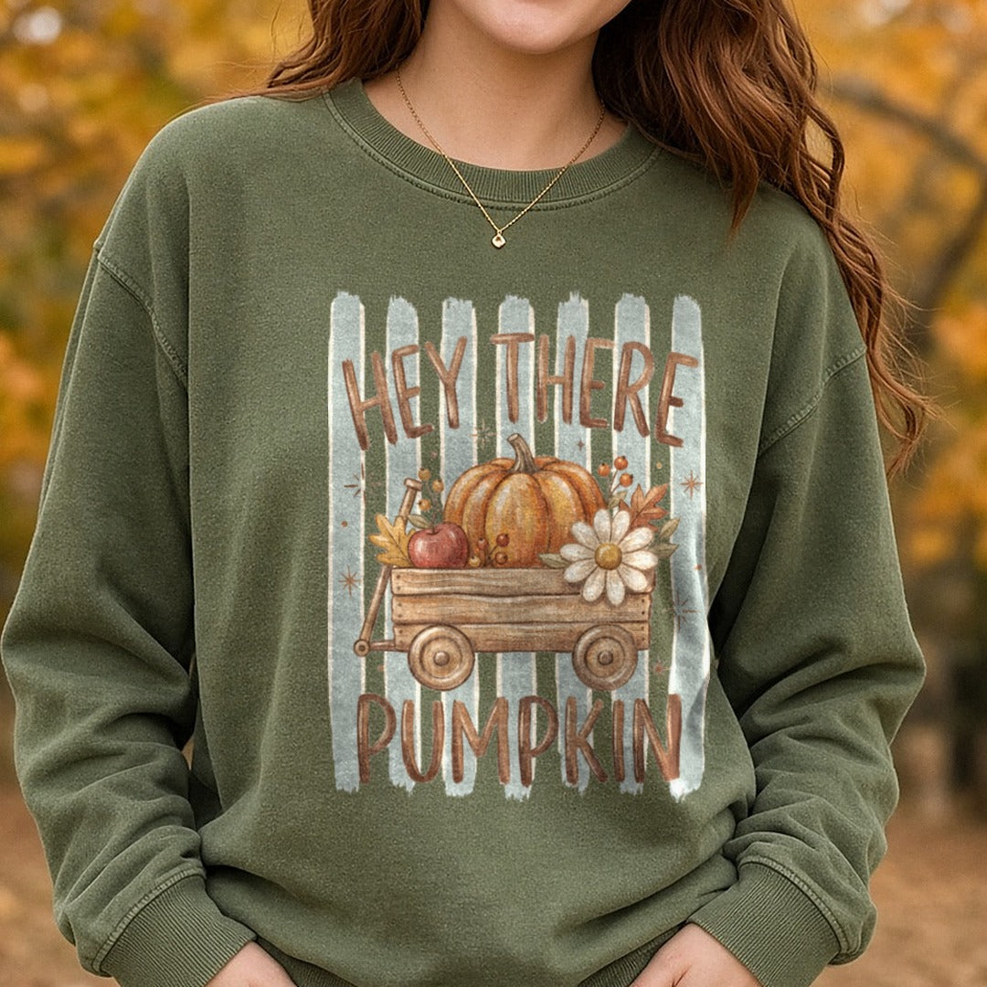 Hey There Pumpkin Wagon Sage Stripes DTF transfer shown on a Comfort Colors sweatshirt