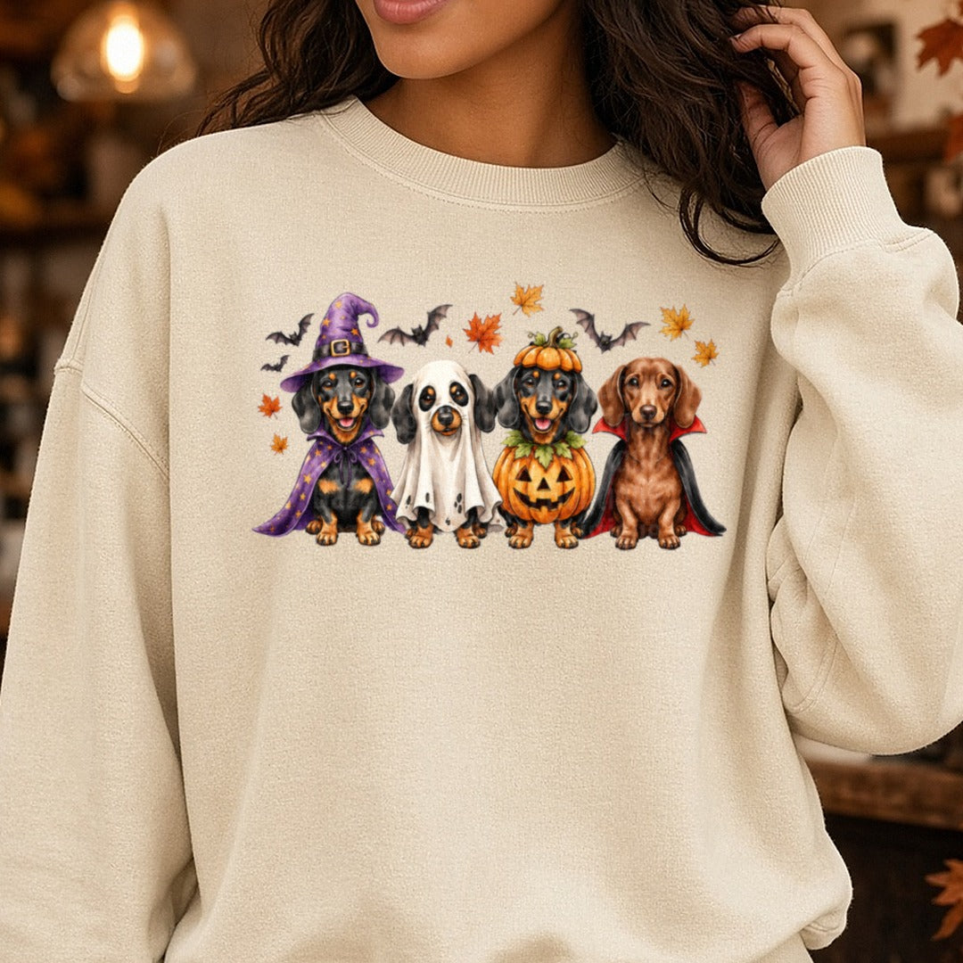 Fall Dachshund Dog DTF transfer shown on a Comfort Colors sweatshirt