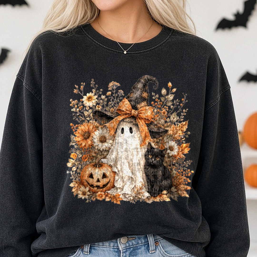 Fall Ghost DTF transfer shown on a Comfort Colors sweatshirt