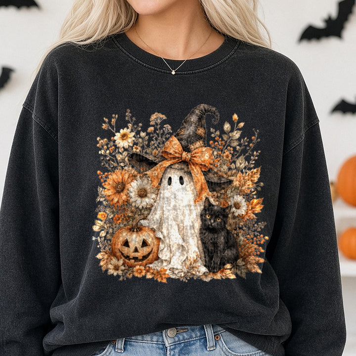 Fall Ghost DTF transfer shown on a Comfort Colors sweatshirt
