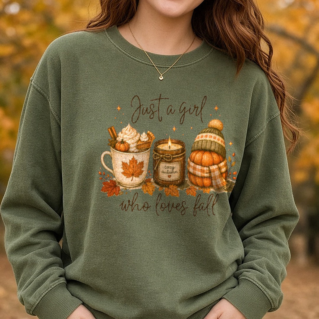 Just A Girl Who Loves Fall DTF transfer shown on a Comfort Colors sweatshirt