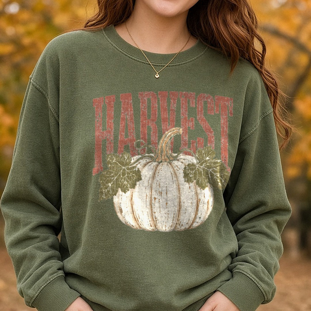 Harvest Pumpkin Distressed DTF transfer shown on a Comfort Colors sweatshirt