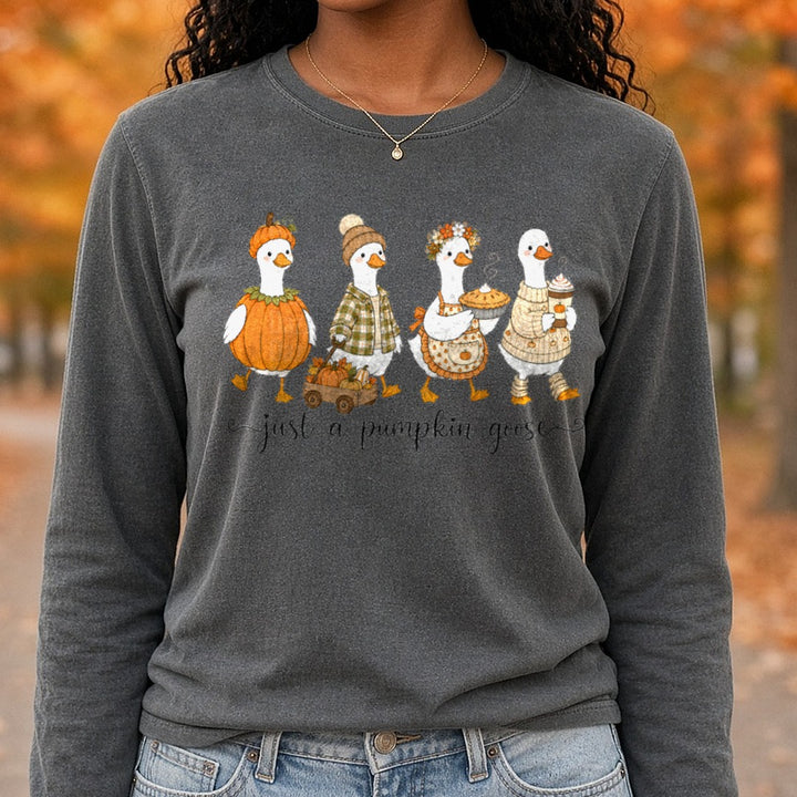 Just A Pumpkin Goose DTF transfer shown on a Comfort Colors long sleeve tee