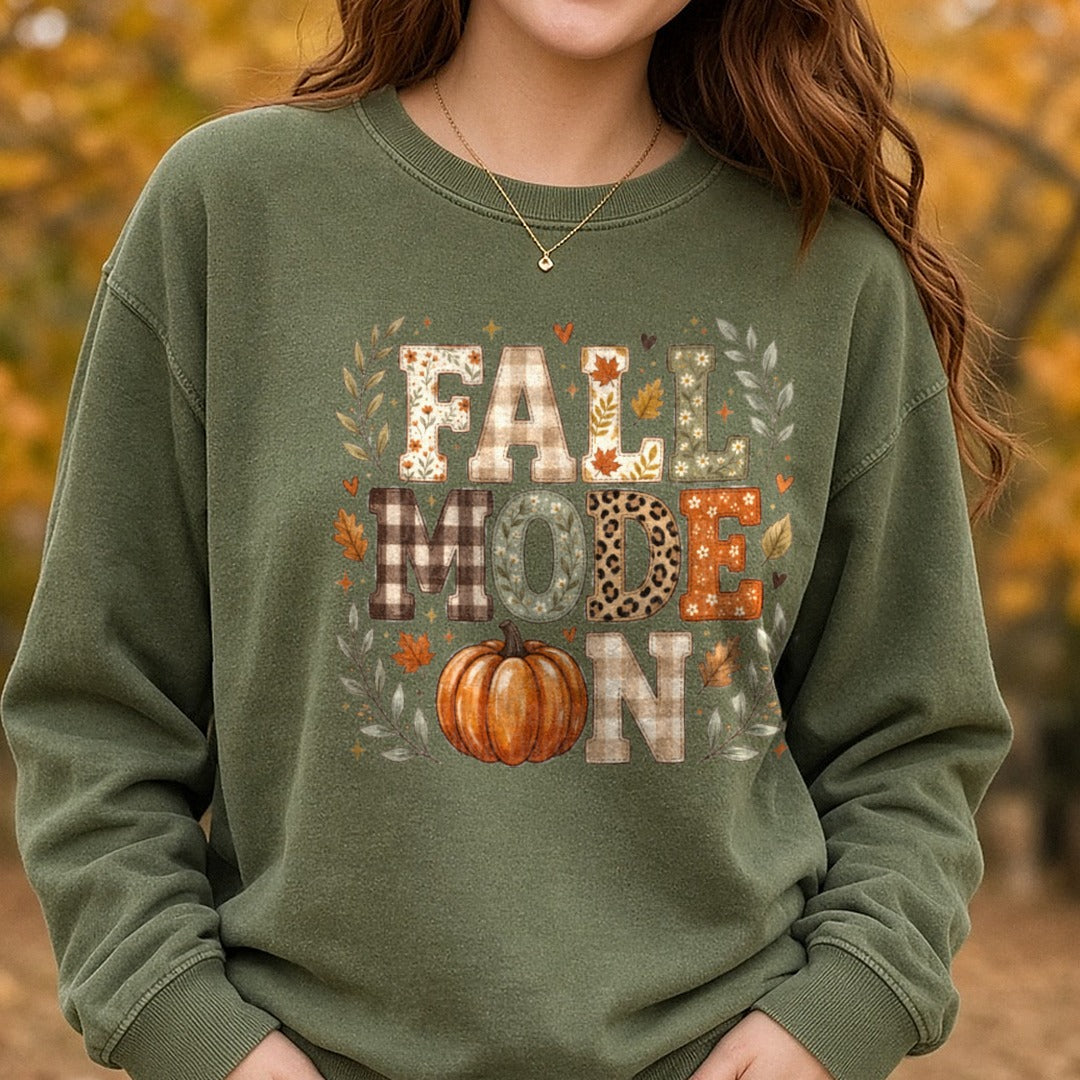 Fall Mode On DTF transfer shown on a Comfort Colors sweatshirt