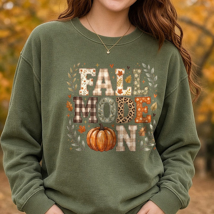 Fall Mode On DTF transfer shown on a Comfort Colors sweatshirt