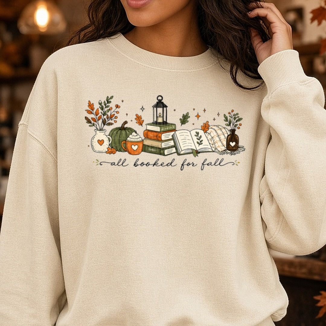 All Booked For Fall Books Pumpkins Lantern Script DTF transfer shown on a Comfort Colors sweatshirt
