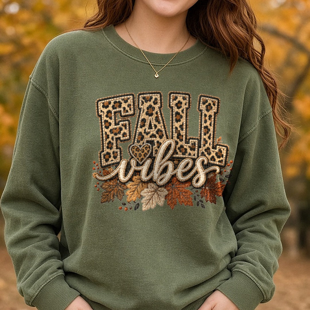 Fall Vibes Leopard DTF transfer shown on a Comfort Colors sweatshirt