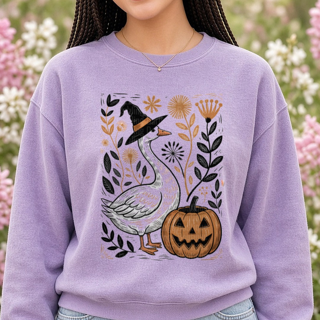 Fall Floral Goose DTF transfer shown on a Comfort Colors sweatshirt