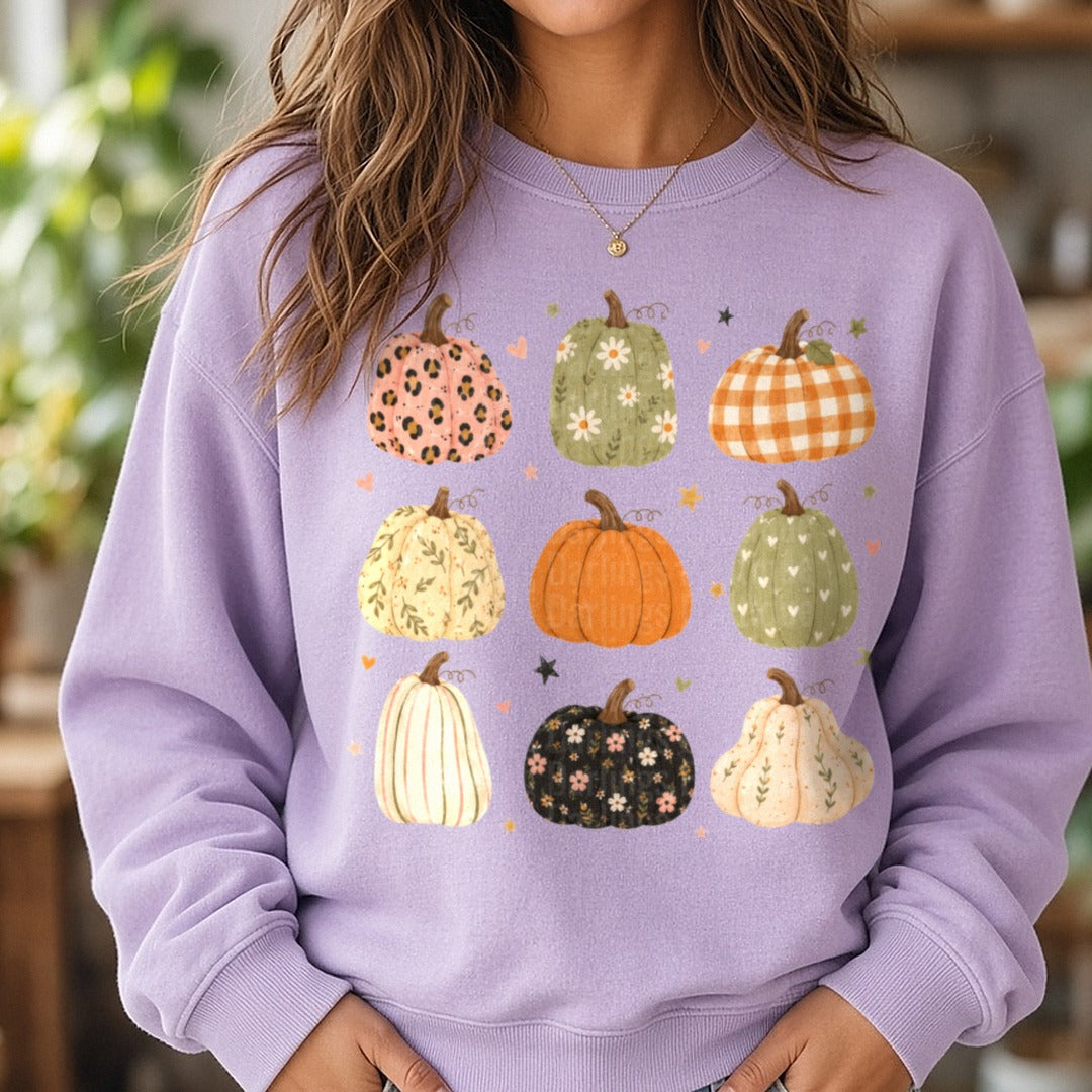 Boho Pumpkins DTF transfer shown on a Comfort Colors sweatshirt