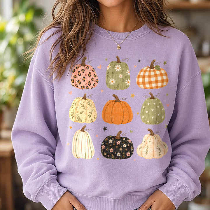 Boho Pumpkins DTF transfer shown on a Comfort Colors sweatshirt
