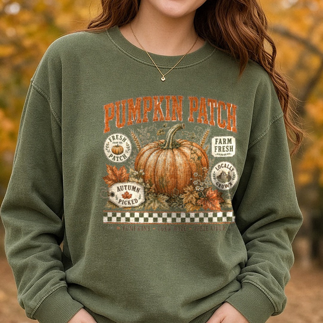 Retro Pumpkin Patch DTF transfer shown on a Comfort Colors sweatshirt