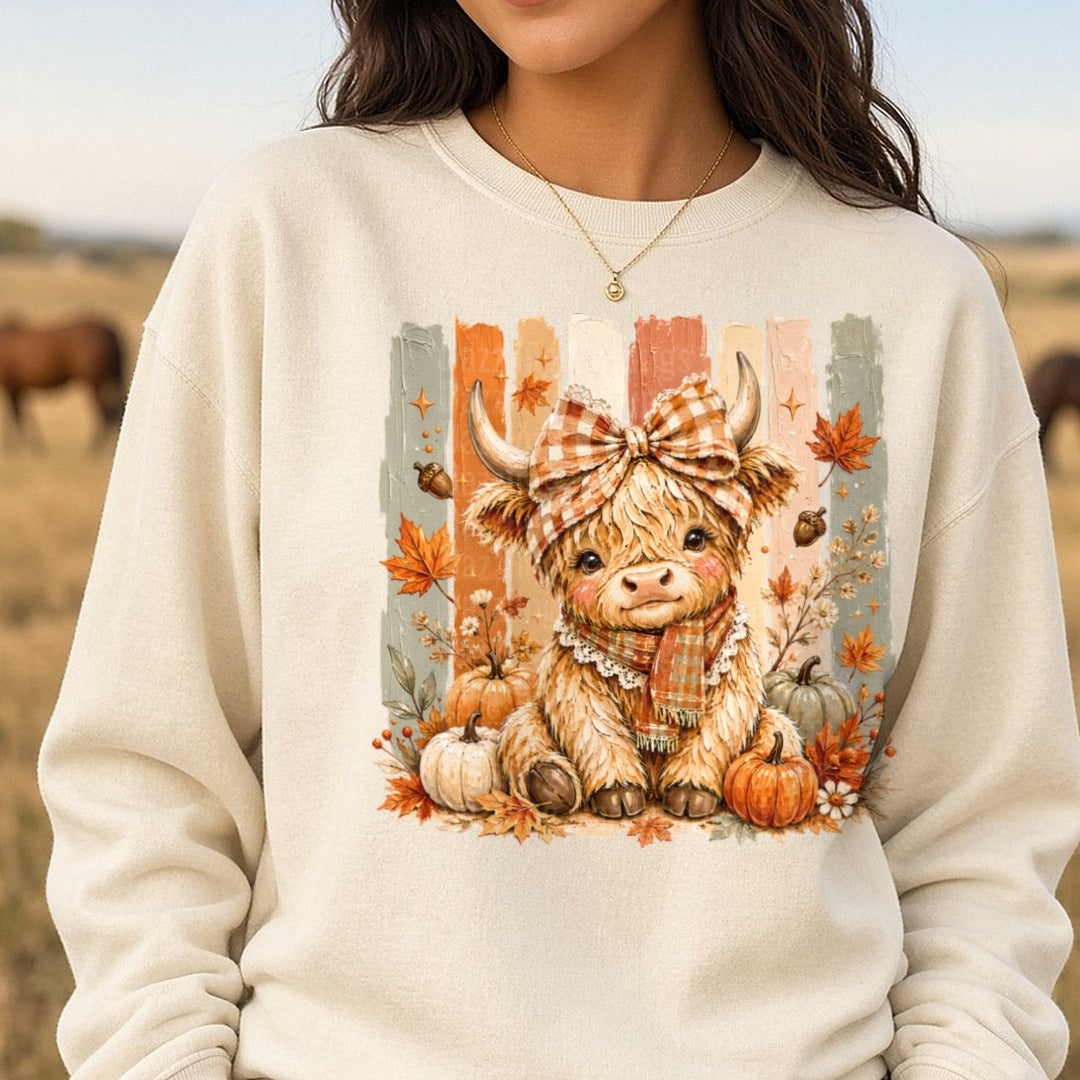 Striped Fall Highland Cow DTF transfer shown on a Comfort Colors sweatshirt