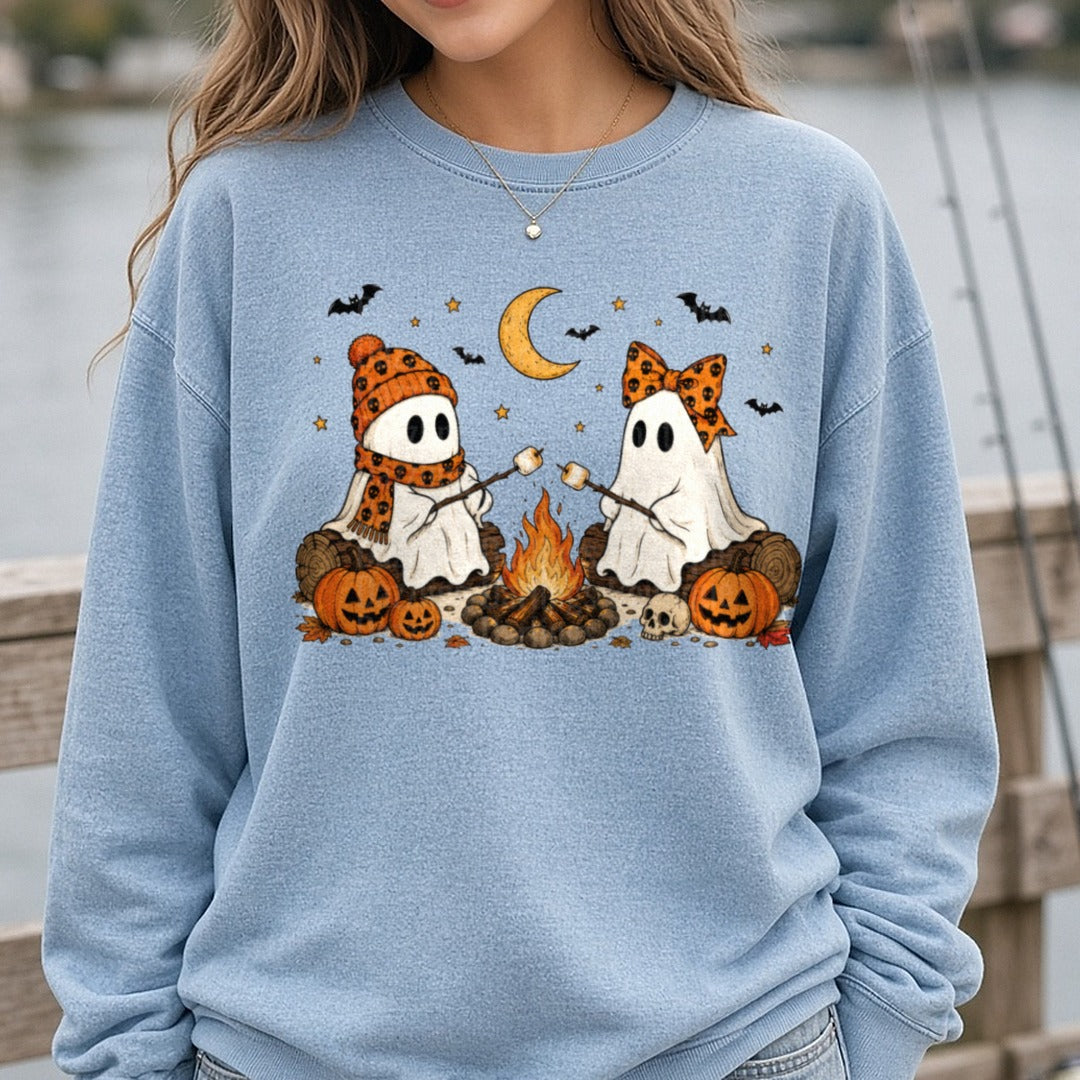 Camping Ghosts DTF transfer shown on a Comfort Colors sweatshirt
