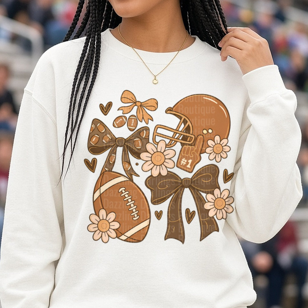 Fall Bows and Football DTF transfer shown on a Comfort Colors sweatshirt