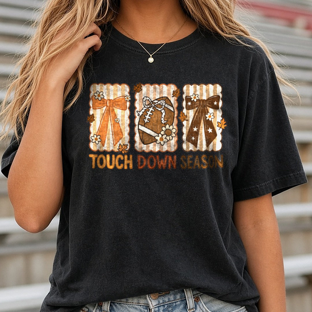 Touchdown Season Bows DTF transfer shown on a Comfort Colors tee