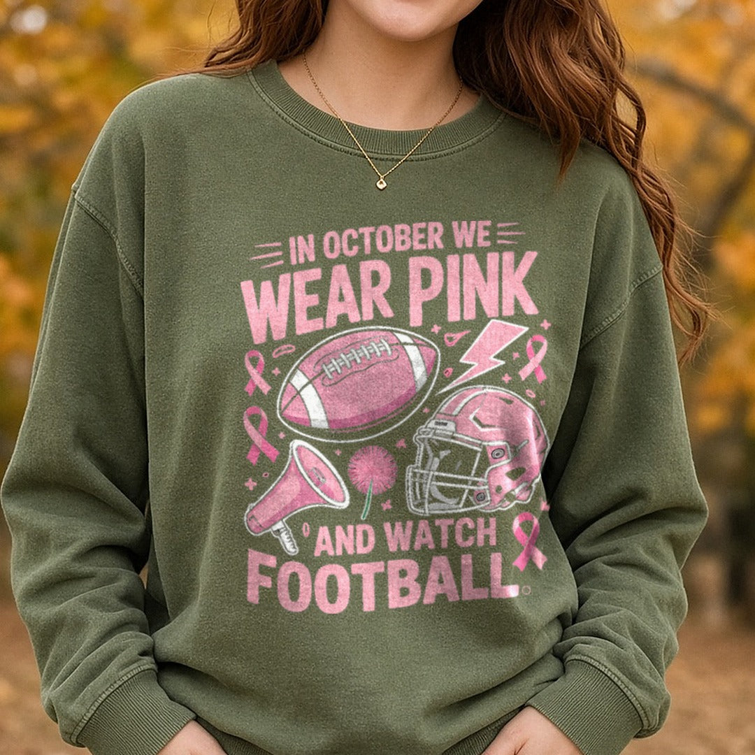 In October We Wear Pink DTF transfer shown on a Comfort Colors sweatshirt