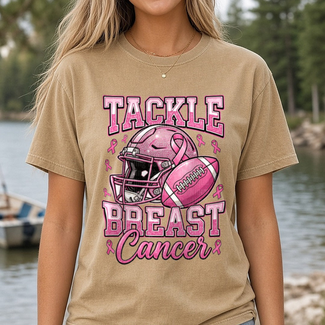 Tackle Breast Cancer DTF transfer shown on a Comfort Colors tee