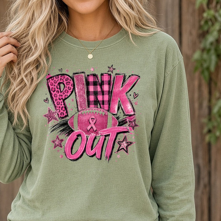 Black and Pink Out DTF transfer shown on a Comfort Colors long sleeve tee