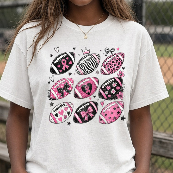 Breast Cancer Football DTF transfer shown on a Comfort Colors tee