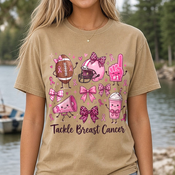Tackle Breast Cancer Cartoon DTF transfer shown on a Comfort Colors tee