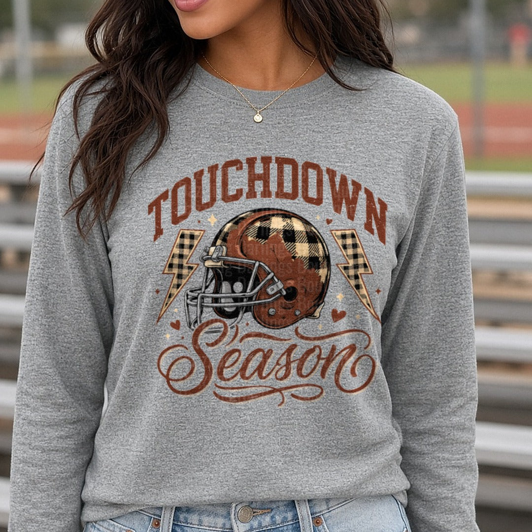 Touchdown Season Gingham DTF transfer shown on a Comfort Colors long sleeve tee
