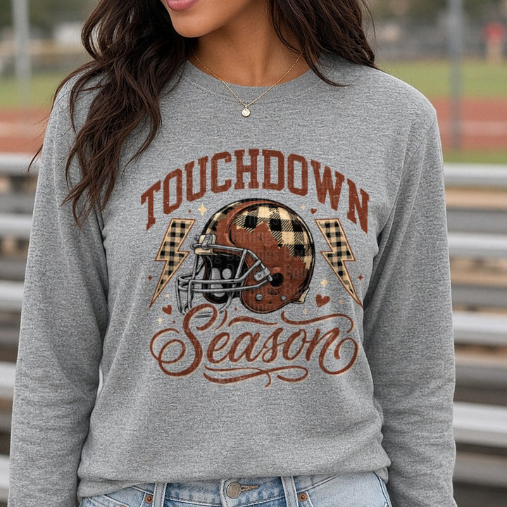 Touchdown Season Gingham DTF transfer shown on a Comfort Colors long sleeve tee