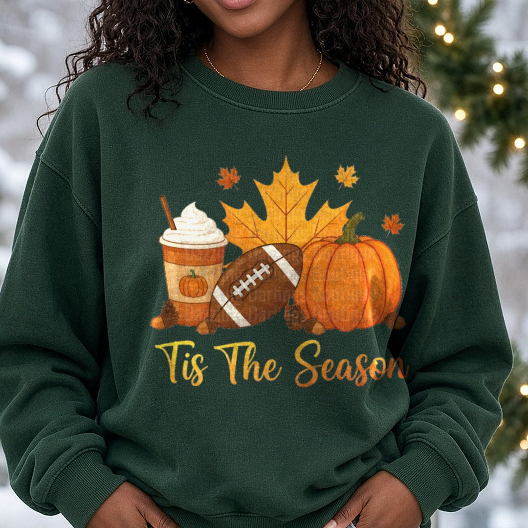 Tis The Season Football Pumpkin Latte Leaves DTF transfer shown on a Comfort Colors sweatshirt
