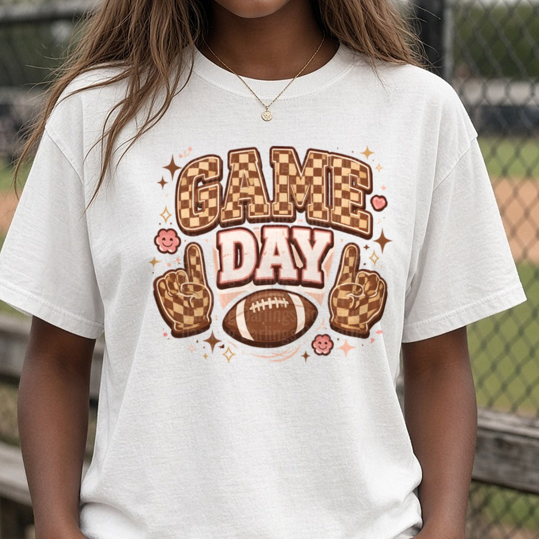 Checkered Game Day DTF transfer shown on a Comfort Colors tee