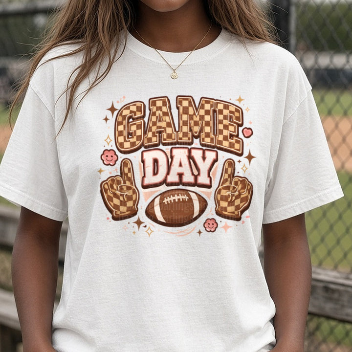 Checkered Game Day DTF transfer shown on a Comfort Colors tee