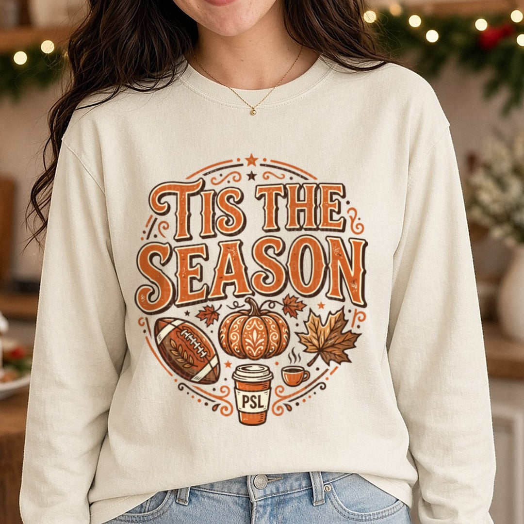 Tis The Season PSL DTF transfer shown on a Comfort Colors long sleeve tee