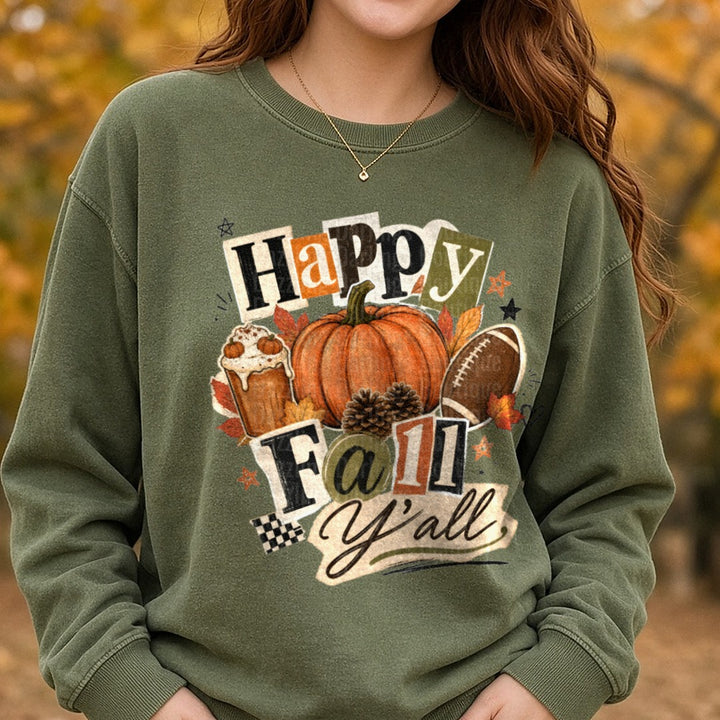 Happy Fall Yall DTF transfer shown on a Comfort Colors sweatshirt