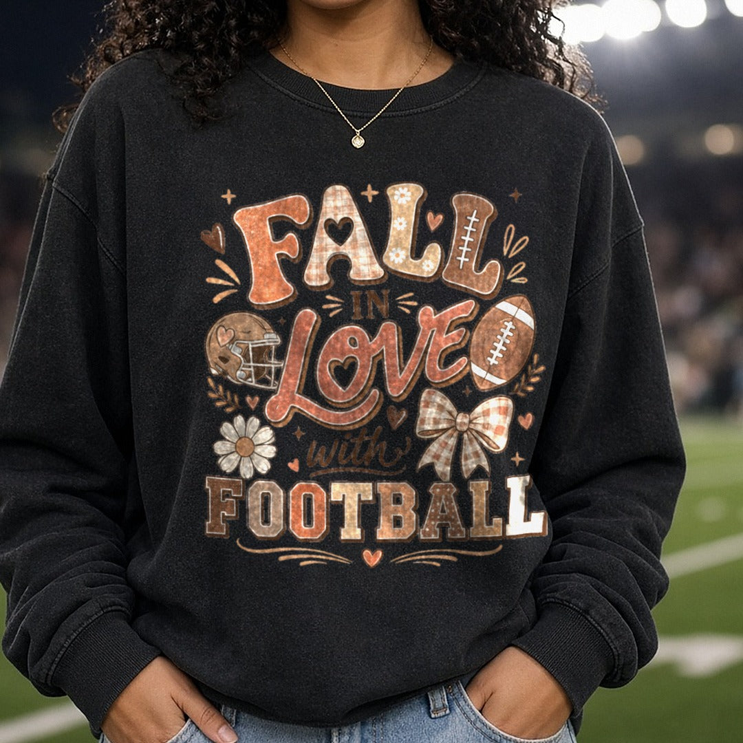 Fall In Love With Football DTF transfer shown on a Comfort Colors sweatshirt