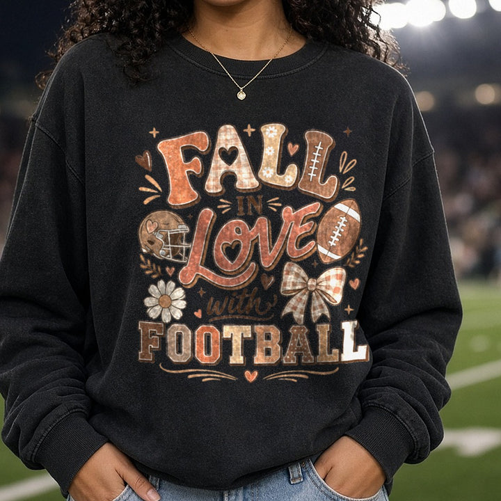 Fall In Love With Football DTF transfer shown on a Comfort Colors sweatshirt