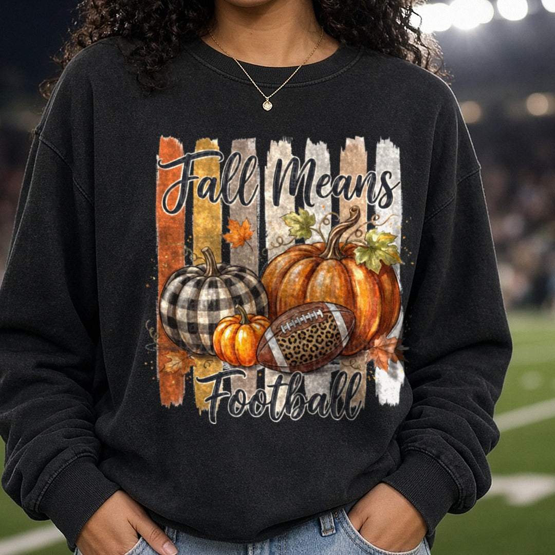 Striped Fall Means Football DTF transfer shown on a Comfort Colors sweatshirt