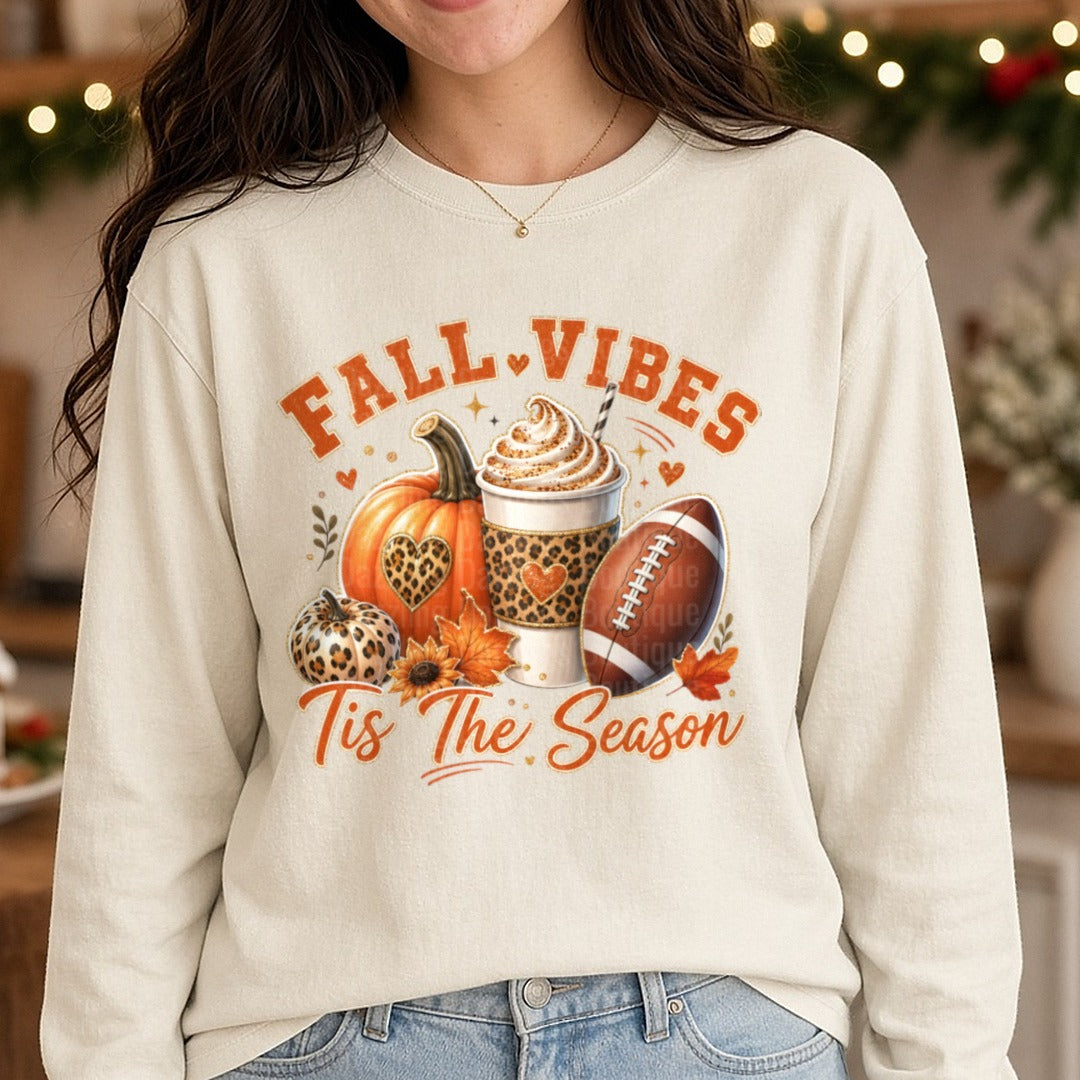 Fall Vibes Tis The Season DTF transfer shown on a Comfort Colors long sleeve tee
