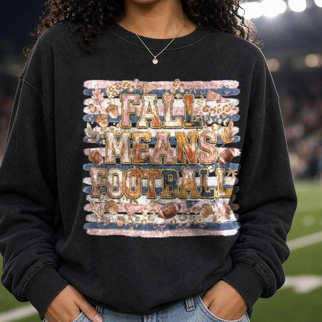 Fall Means Football Leopard DTF transfer shown on a Comfort Colors sweatshirt