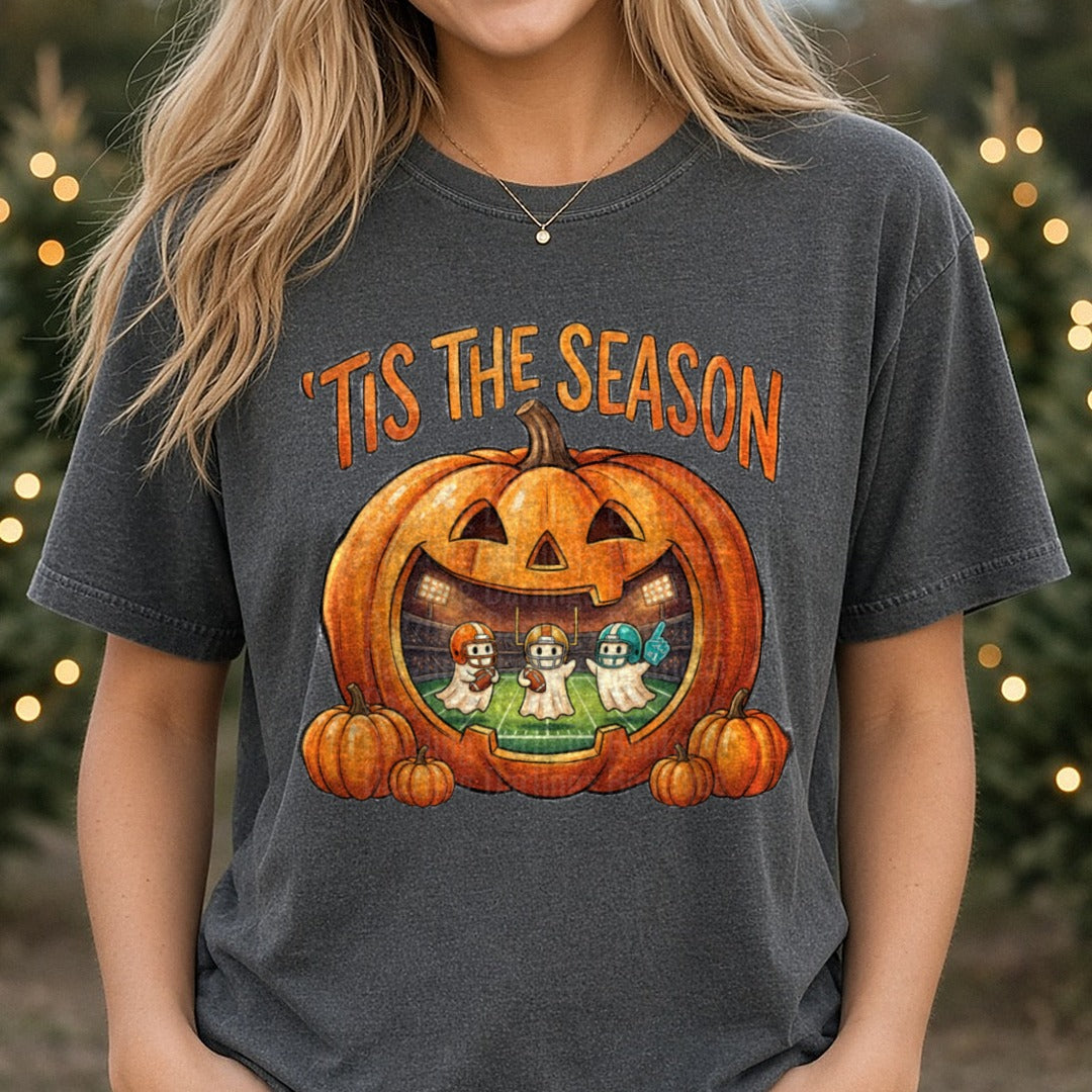 Tis The Season Ghosts in Pumpkin DTF transfer shown on a Comfort Colors tee